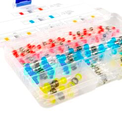 Kutistejatkoliitin lajitelma tinalla 100 kpl a plastic container with many different colored connectors