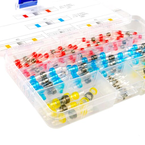 Kutistejatkoliitin lajitelma tinalla 100 kpl a plastic container with many different colored connectors